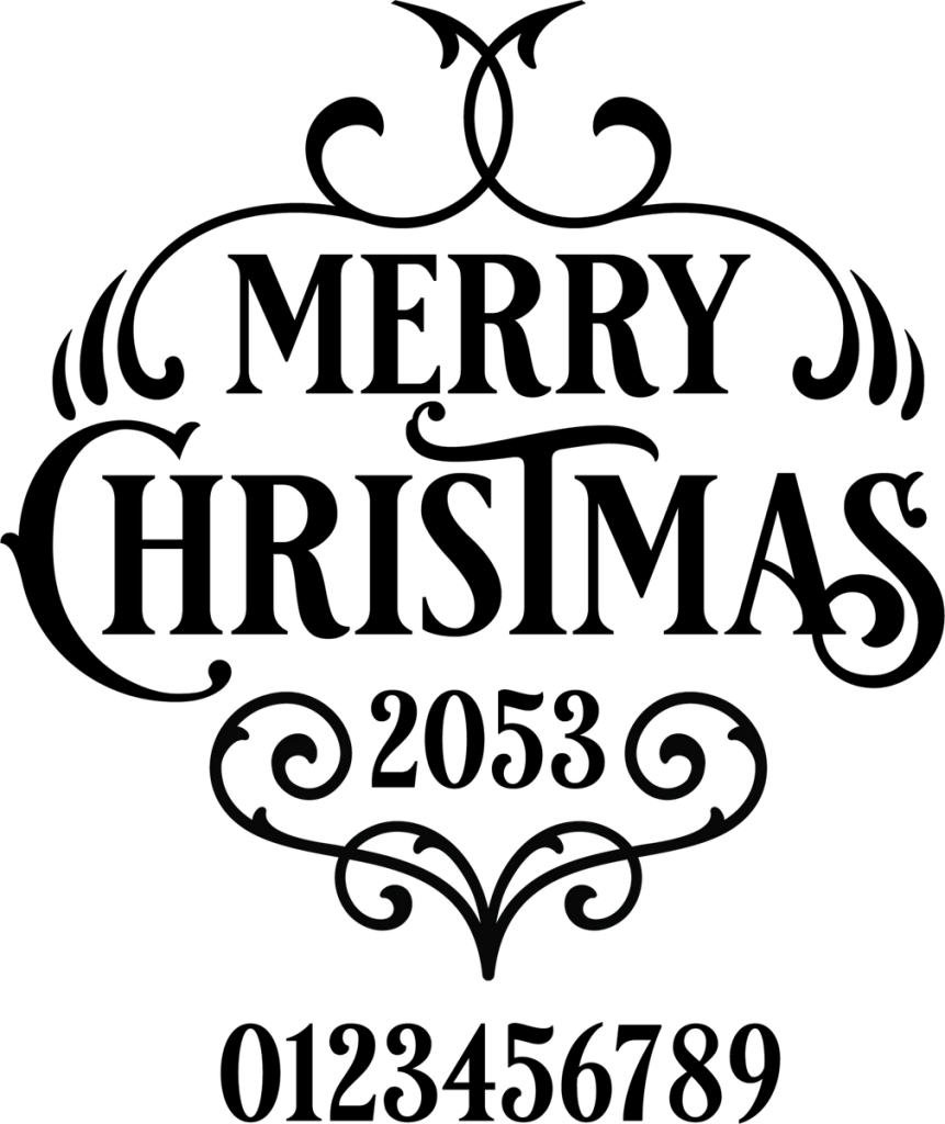 Merry Christmas in bold letters within arabesque scrolls, with a year and a row of numbers