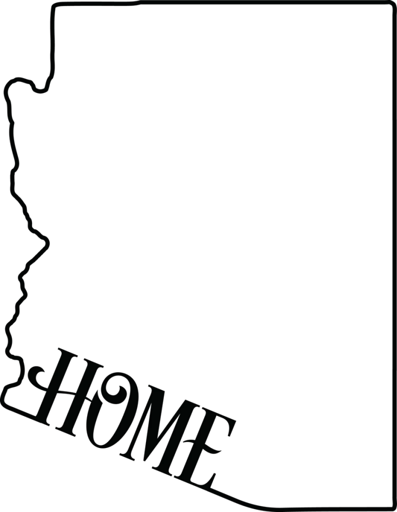 Outline map of Arizona with the word HOME in bold serif letters