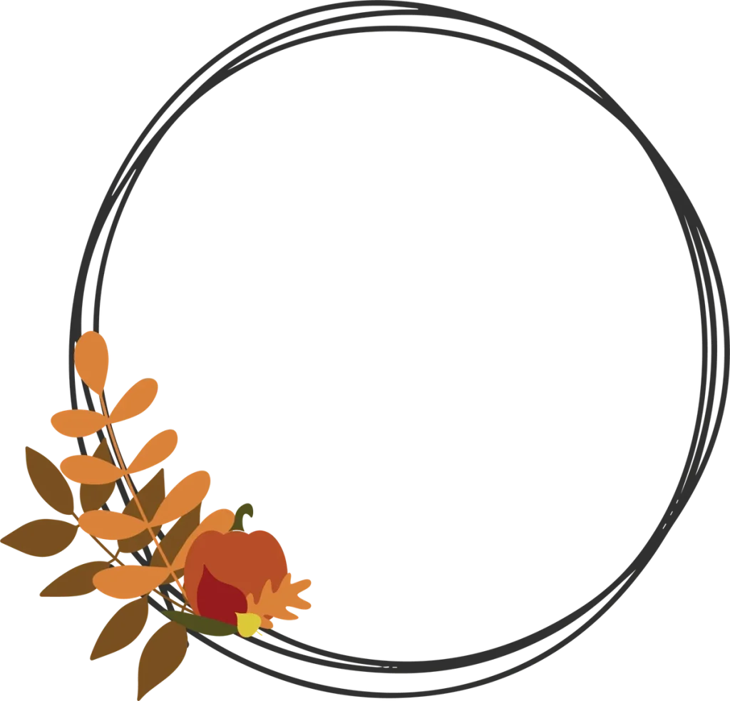 Open circle frame of thin overlapping lines with autumn leaves and a small orange pumpkin at the lower left
