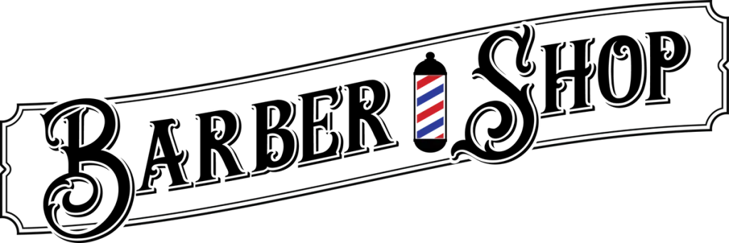 BARBER SHOP in black vintage letters on a banner with a red, white and blue barber pole