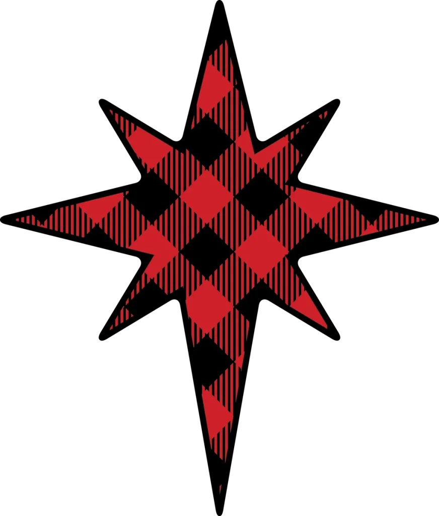 An eight-pointed Star of Bethlehem filled with red and black buffalo check plaid