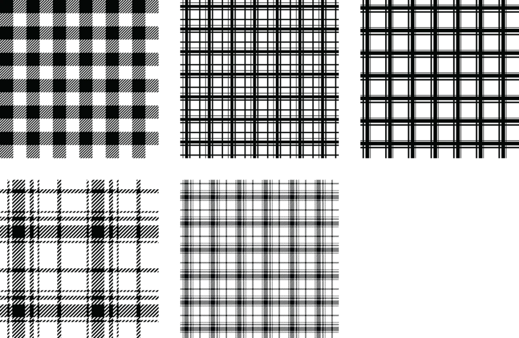 Square panel of black and white buffalo check plaid with diagonal hatch lines