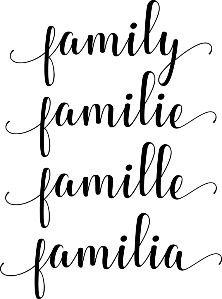 family, familie, famille and familia stacked in black script