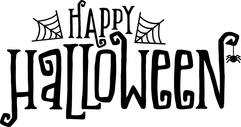 HAPPY HALLOWEEN in black spooky letters with cobwebs and a hanging spider