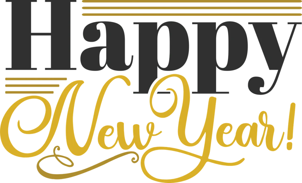 Happy in dark serif letters and New Year! in gold script with gold lines