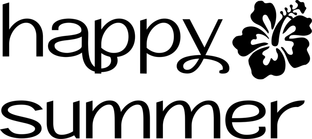happy summer in black rounded letters with a hibiscus flower
