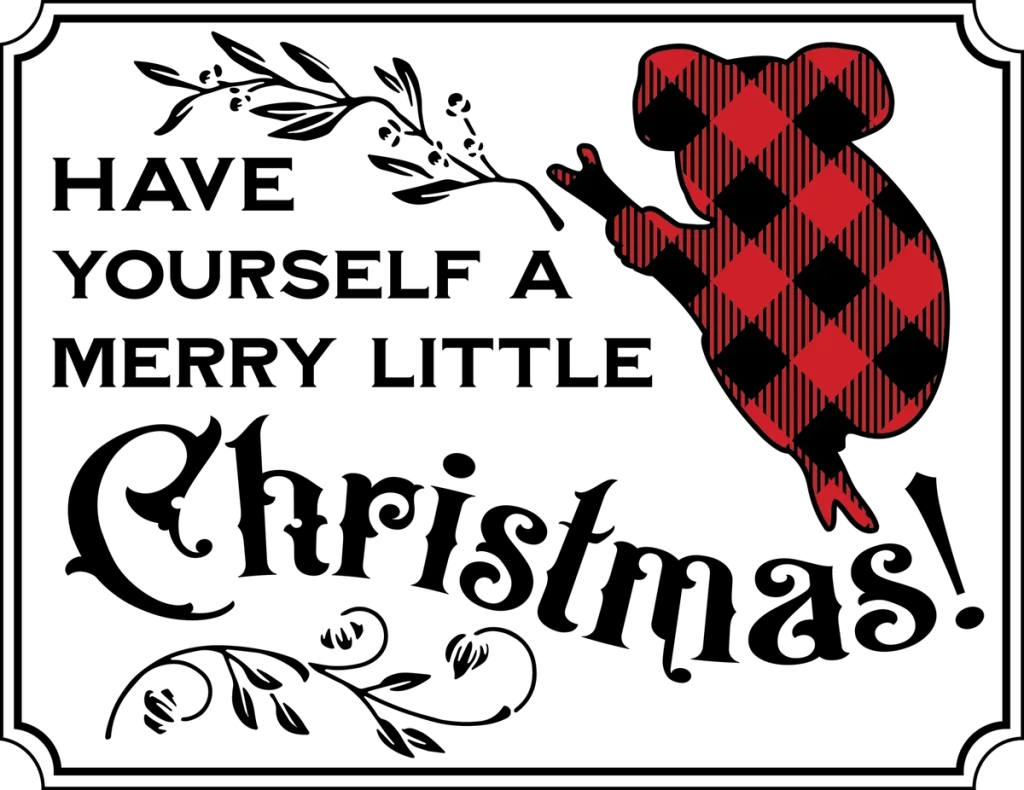 HAVE YOURSELF A MERRY LITTLE Christmas! in black with a red and black plaid koala inside a notched frame