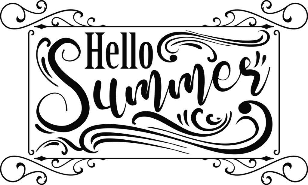 Hello Summer in black swash script inside a frame with scrolled corners