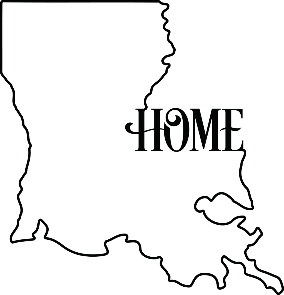 Outline map of Louisiana with the word HOME in bold serif letters