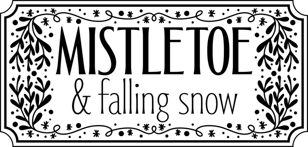 MISTLETOE and falling snow in black with mistletoe sprigs inside a notched frame