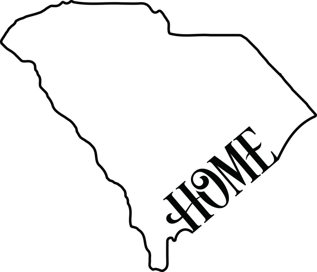 Outline map of South Carolina with the word HOME in bold serif letters