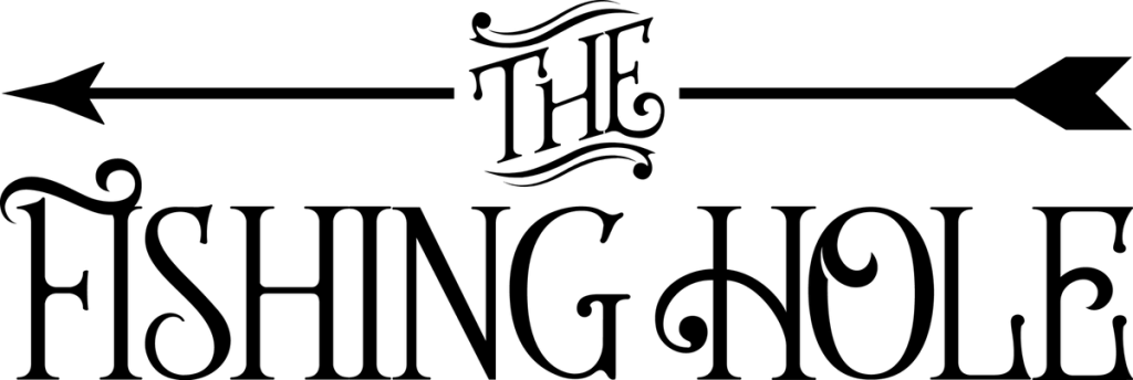 THE FISHING HOLE in black curly capitals along a long arrow