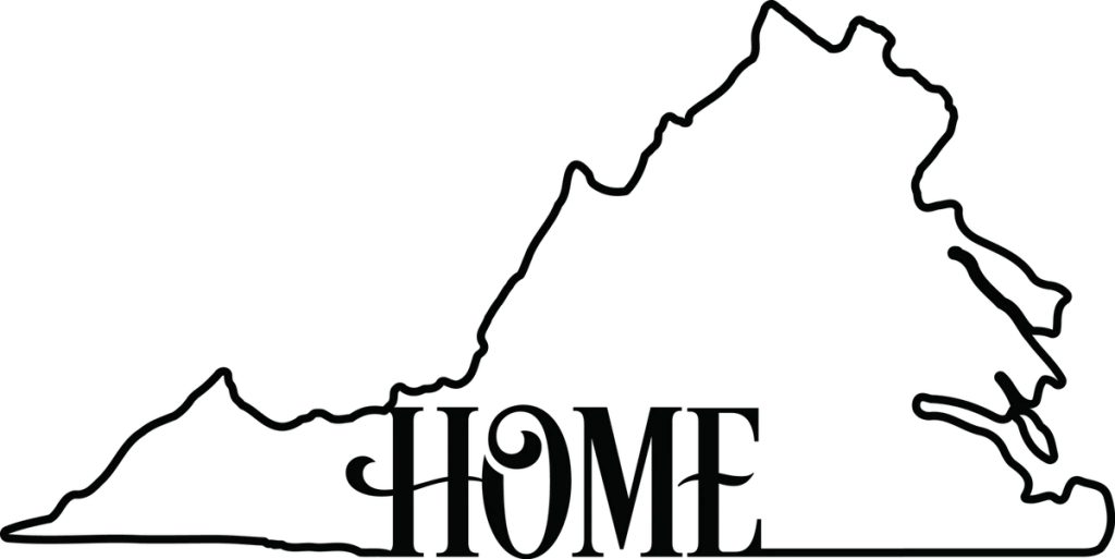 Outline map of Virginia with the word HOME in bold serif letters