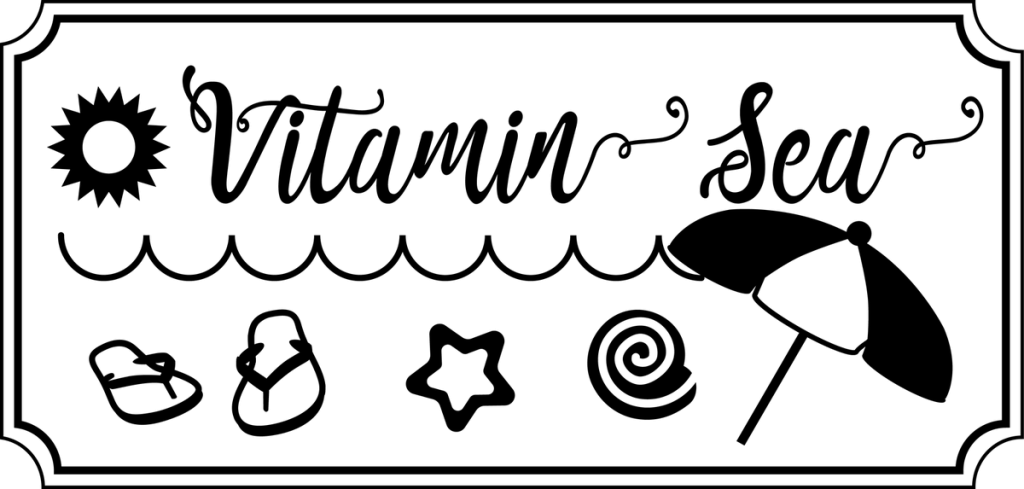 Vitamin Sea in black script with a sun, waves, flip flops, starfish, shell and umbrella in a frame