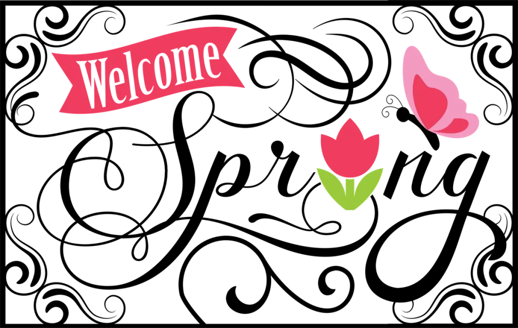 Welcome on a pink banner above Spring in black script with a pink tulip and butterfly in a scrolled frame