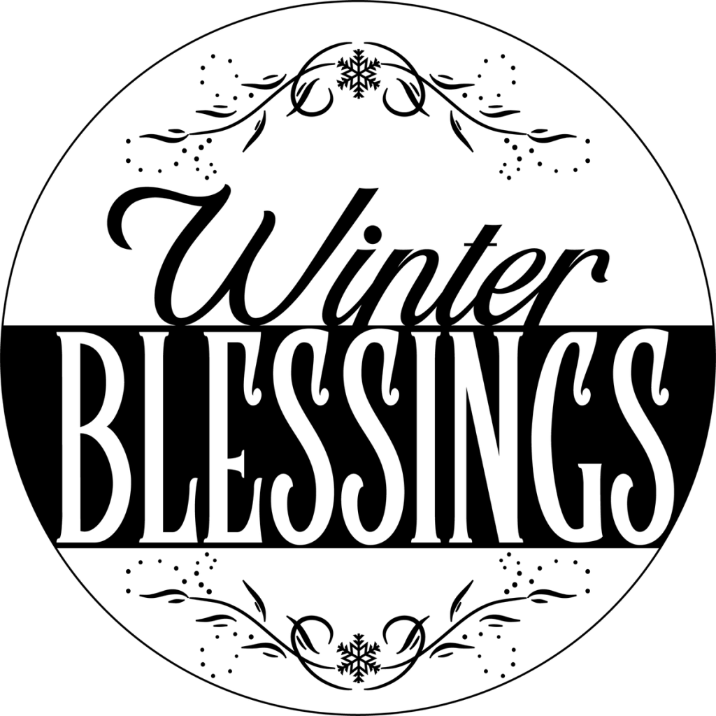 Winter BLESSINGS in black with a band and snowflake scrolls inside a circle